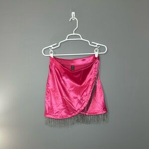 SHEINBAE Pink Satin Skirt with Crystal Fringe